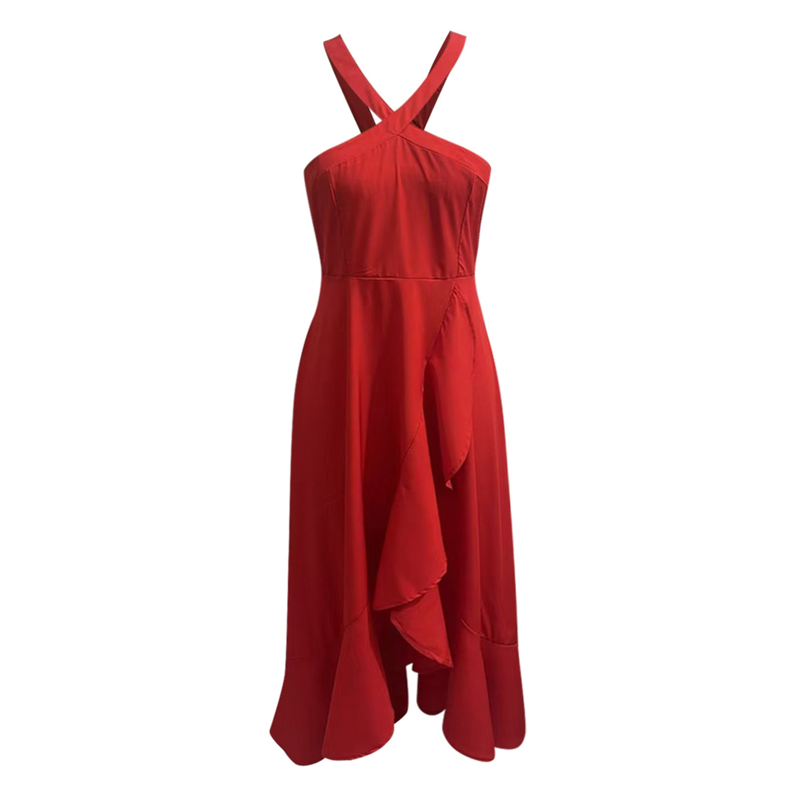 thumbnail image 4 of Vestido de fiesta de verano fluido para mujer con tirantes con volantes: elegante color liso, tejido ligero, cómodo para ocasiones especiales., 4 of 5